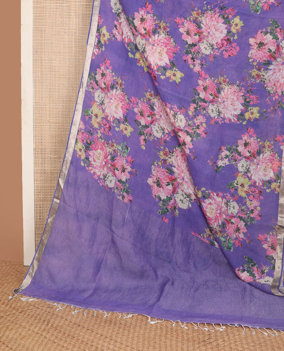 Blue floral motifs printed linen saree, zari border & pallu of stripes