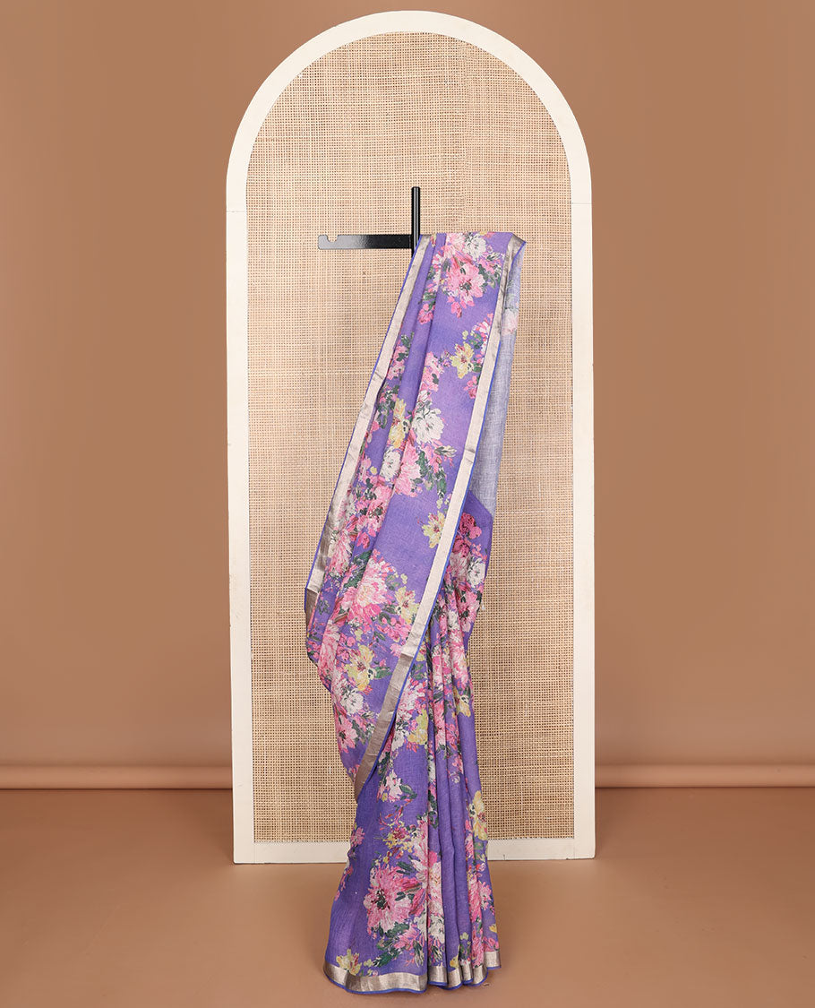 Blue floral motifs printed linen saree, zari border & pallu of stripes