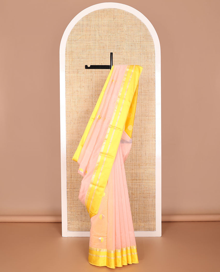 light pink motifs maheshwari cotton saree with contrast zari border & polka dot pallu