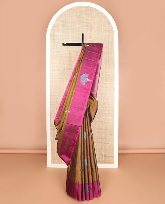 Brown tree buttas woven soft silk saree, contrast tree motif border & pallu of jaal designs
