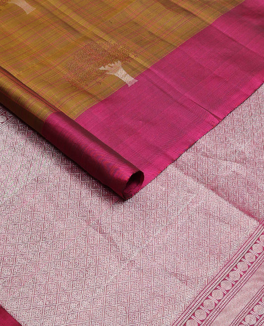 Brown tree buttas woven soft silk saree, contrast tree motif border & pallu of jaal designs