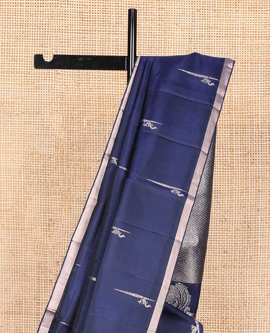 Navy blue zari buttas soft silk saree, thin piping border, and palllu of vanki designs