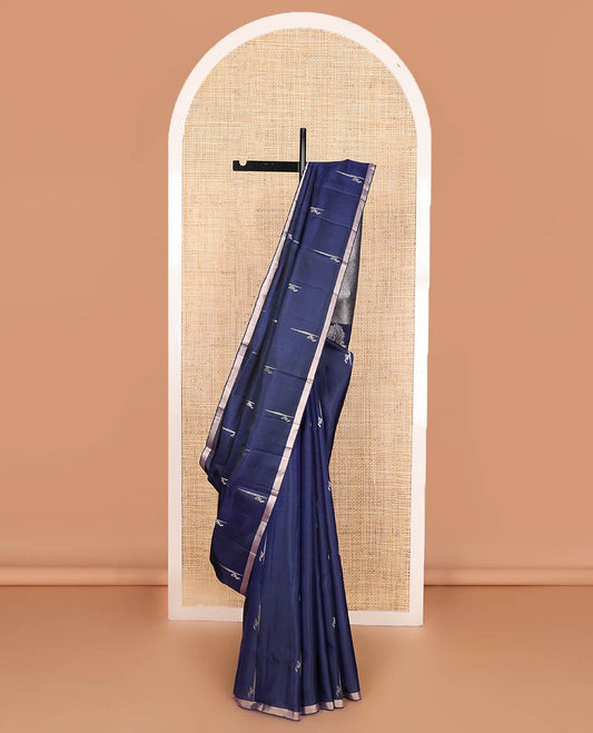Navy blue zari buttas soft silk saree, thin piping border, and palllu of vanki designs