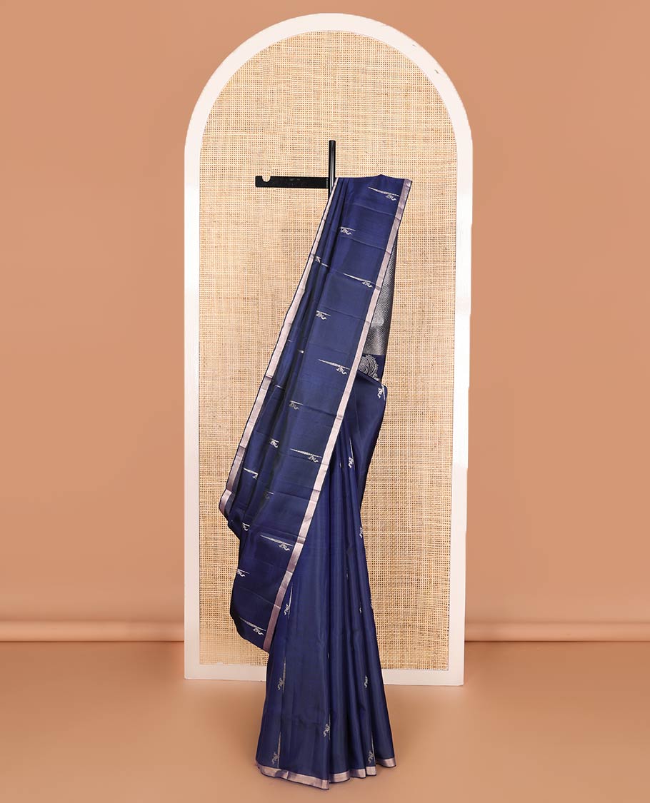 Navy blue zari buttas soft silk saree, thin piping border, and palllu of vanki designs