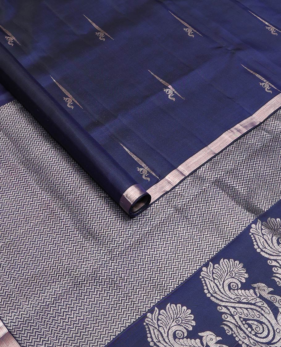 Navy blue zari buttas soft silk saree, thin piping border, and palllu of vanki designs