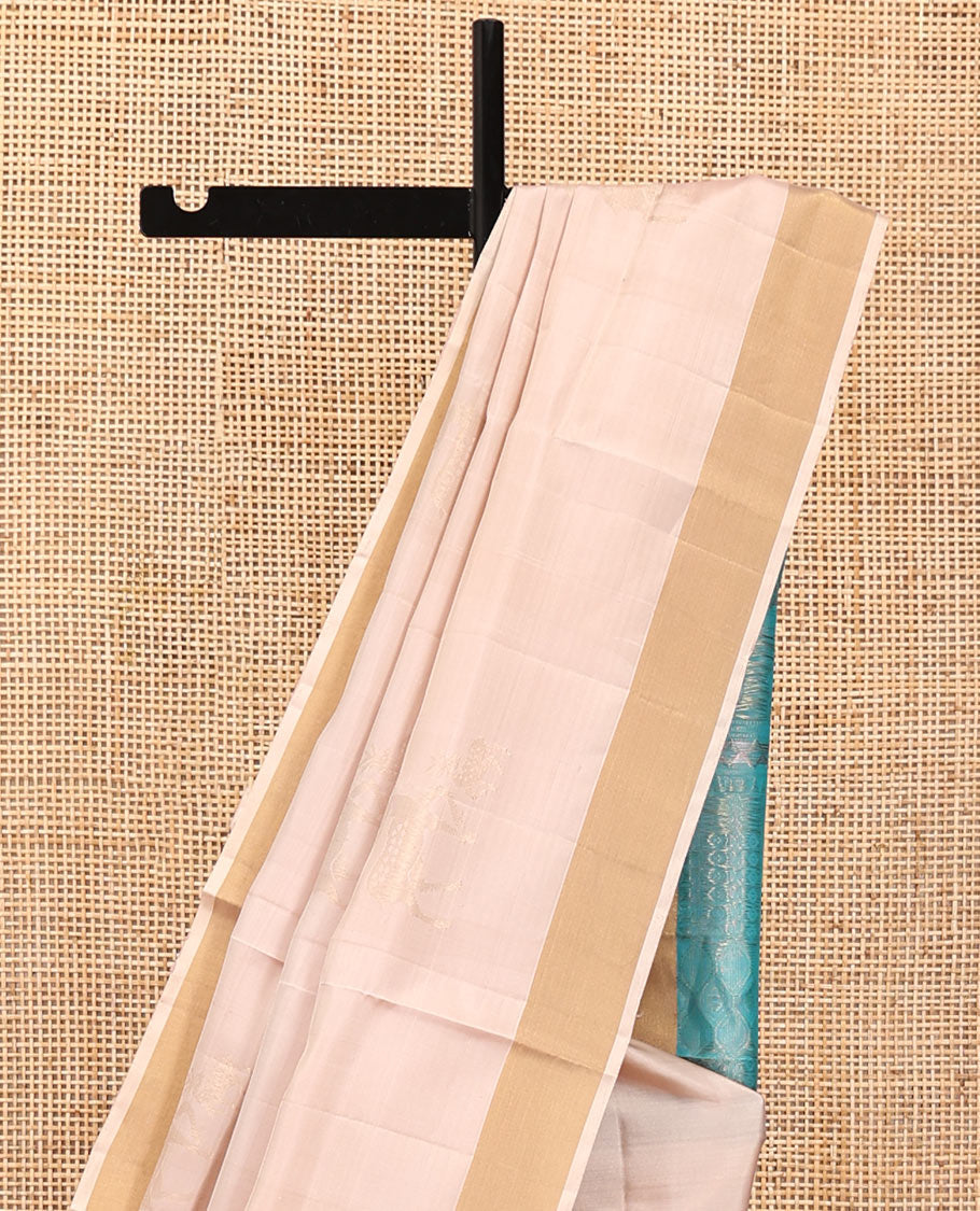 Pink Mayuri Soft Silk Saree, Sparsely Woven with Deer Buttas All Over the Body, Highlighted by Zari Bavanji Border, Complemented by Contrast Intricately Designed Pallu, and Paired with a Contrast Blouse