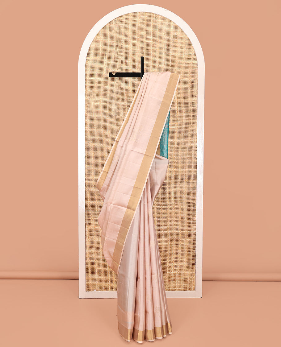 Pink Mayuri Soft Silk Saree, Sparsely Woven with Deer Buttas All Over the Body, Highlighted by Zari Bavanji Border, Complemented by Contrast Intricately Designed Pallu, and Paired with a Contrast Blouse
