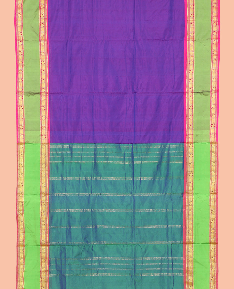 Violet Plain Ten-Yard Saree,  Complemented by a Contrast Rettai Pettu Traditional Border, Striped Pallu, and No Blouse