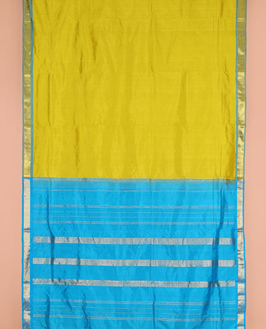 Green plain nine-yard silk saree, contrast border of Muthu designs, and pallu of zari designs
