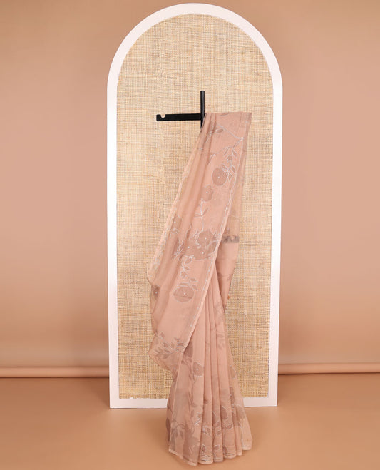 Borderless light brown all-over floral design organza saree