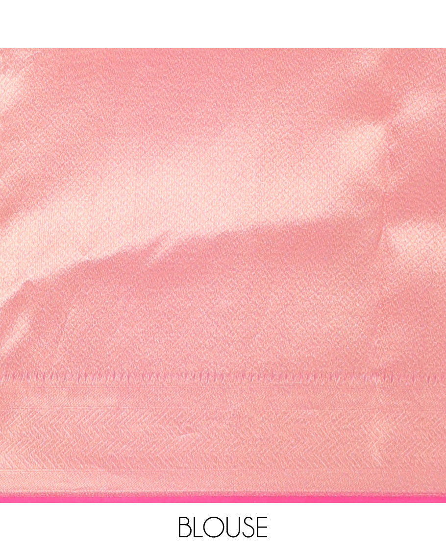 Pink jaal jacquard silk saree, geometric patterned border, and pallu of chevron design