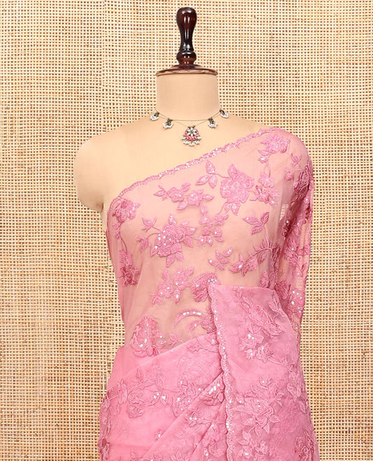 Pink Organza Saree, Prettified with Floral Vine Sequins-Thread Embroidery, Scallop-Embroidered Border, and a Matching Blouse