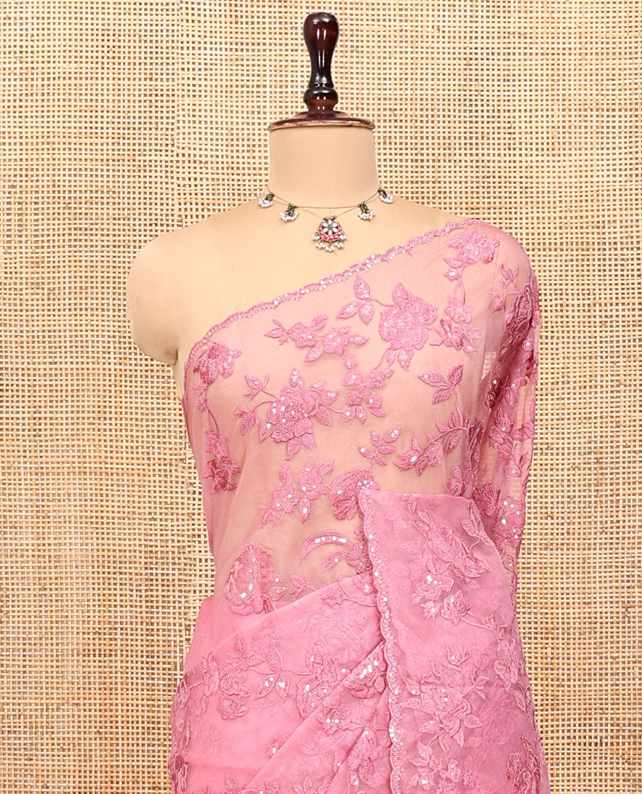 Pink Organza Saree, Prettified with Floral Vine Sequins-Thread Embroidery, Scallop-Embroidered Border, and a Matching Blouse