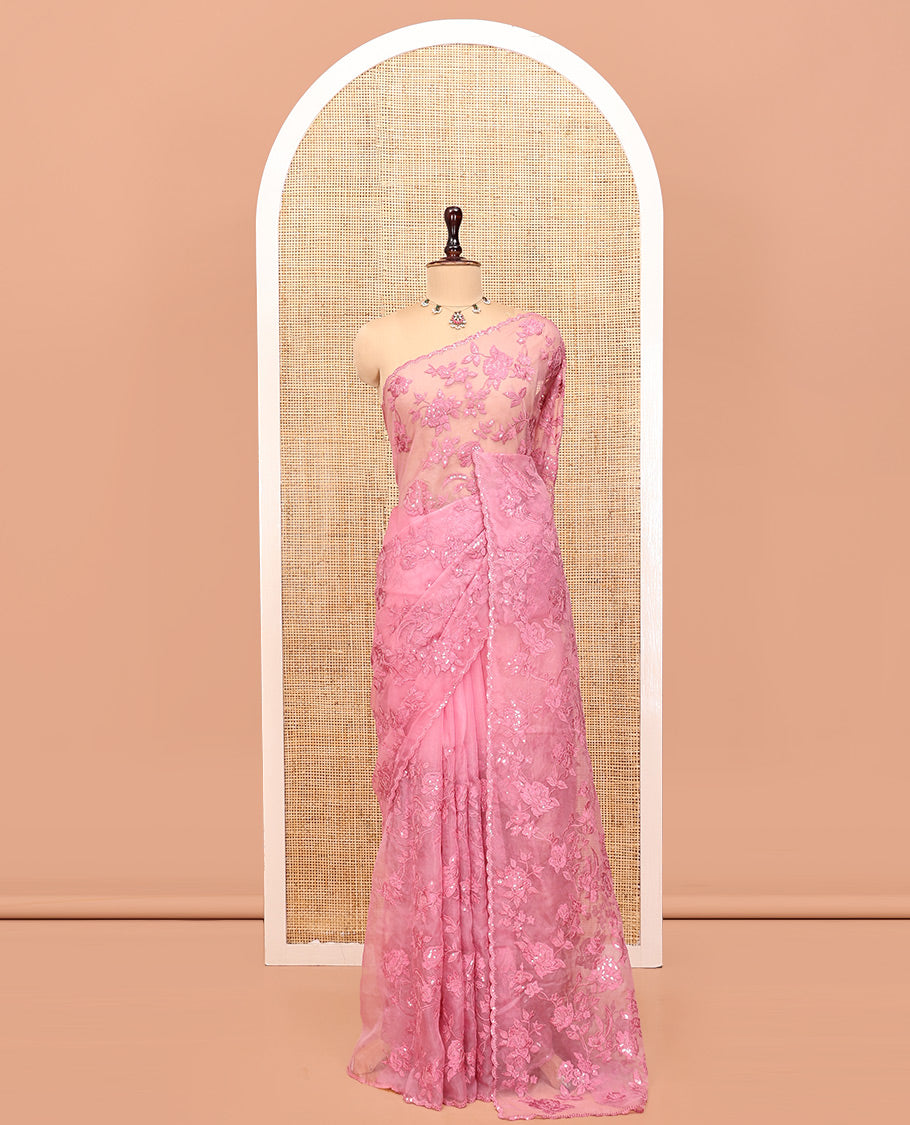 Pink Organza Saree, Prettified with Floral Vine Sequins-Thread Embroidery, Scallop-Embroidered Border, and a Matching Blouse