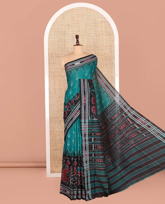 Blue Odisha Cotton Saree, Adorned with Buttas and Checks on Its Body, Complemented by a Contrast Border of Ikkat Weave Peacocks, Pallu of Ikkat Weave, and Comes Without a Blouse