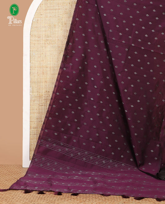 Borderless wine color thousand zari buttas kanchi silk saree, self-pallu of buttas and stripes in zari