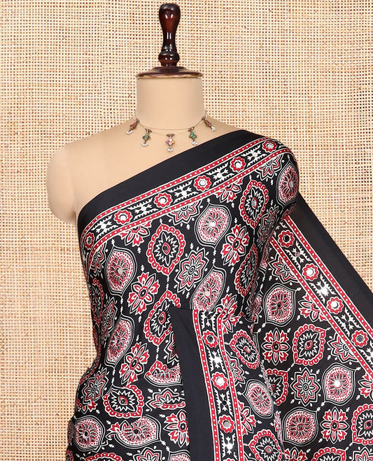 Black Modal Satin Saree, Adorned with Ajrakh Print, a Self-Printed Border, Ajrakh Pallu, a Matching Blouse