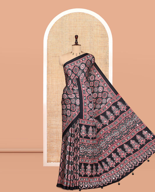 Black Modal Satin Saree, Adorned with Ajrakh Print, a Self-Printed Border, Ajrakh Pallu, a Matching Blouse