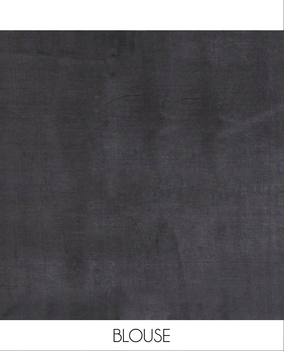 Grey Printed Silk Saree Featuring Free-Style Zig-Zag Stripes Running Vertically Through Its Body, Complemented with a Contrast Piping Border, Bright Pallu of Dual-Color Print, and Paired with a Contrast Plain Blouse