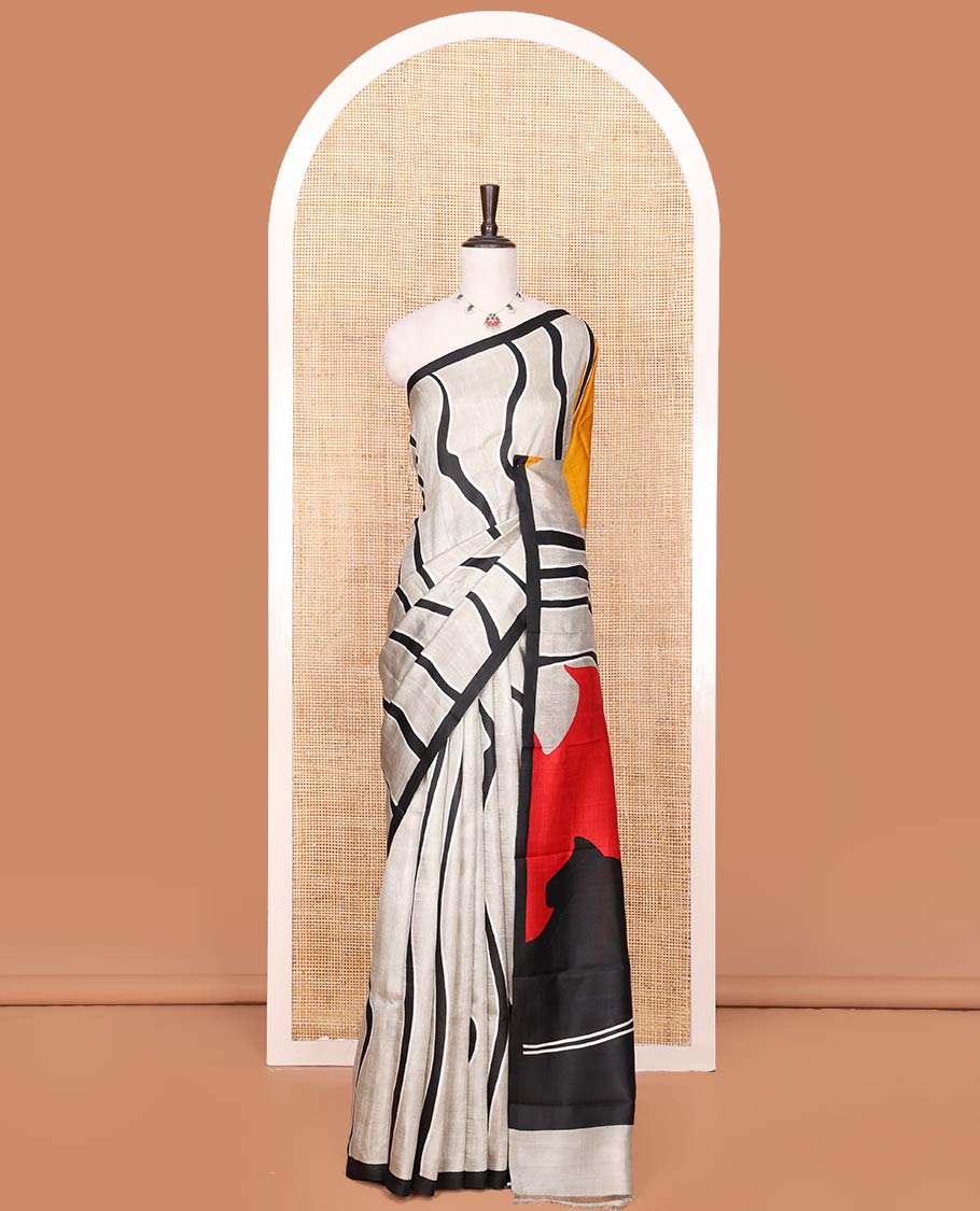 Grey Printed Silk Saree Featuring Free-Style Zig-Zag Stripes Running Vertically Through Its Body, Complemented with a Contrast Piping Border, Bright Pallu of Dual-Color Print, and Paired with a Contrast Plain Blouse