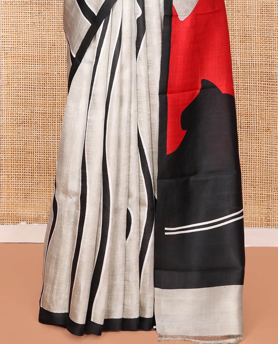 Grey Printed Silk Saree Featuring Free-Style Zig-Zag Stripes Running Vertically Through Its Body, Complemented with a Contrast Piping Border, Bright Pallu of Dual-Color Print, and Paired with a Contrast Plain Blouse
