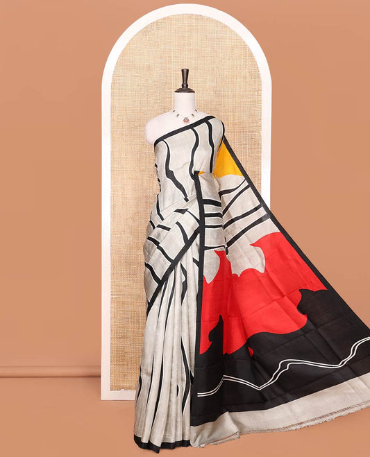 Grey Printed Silk Saree Featuring Free-Style Zig-Zag Stripes Running Vertically Through Its Body, Complemented with a Contrast Piping Border, Bright Pallu of Dual-Color Print, and Paired with a Contrast Plain Blouse