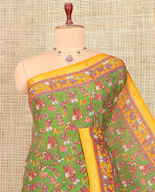 Green Printed Silk Saree, Adorned with a Village-Themed Print, a Contrast Traditional Zari Border, Striped Pallu, and a Contrast Blouse