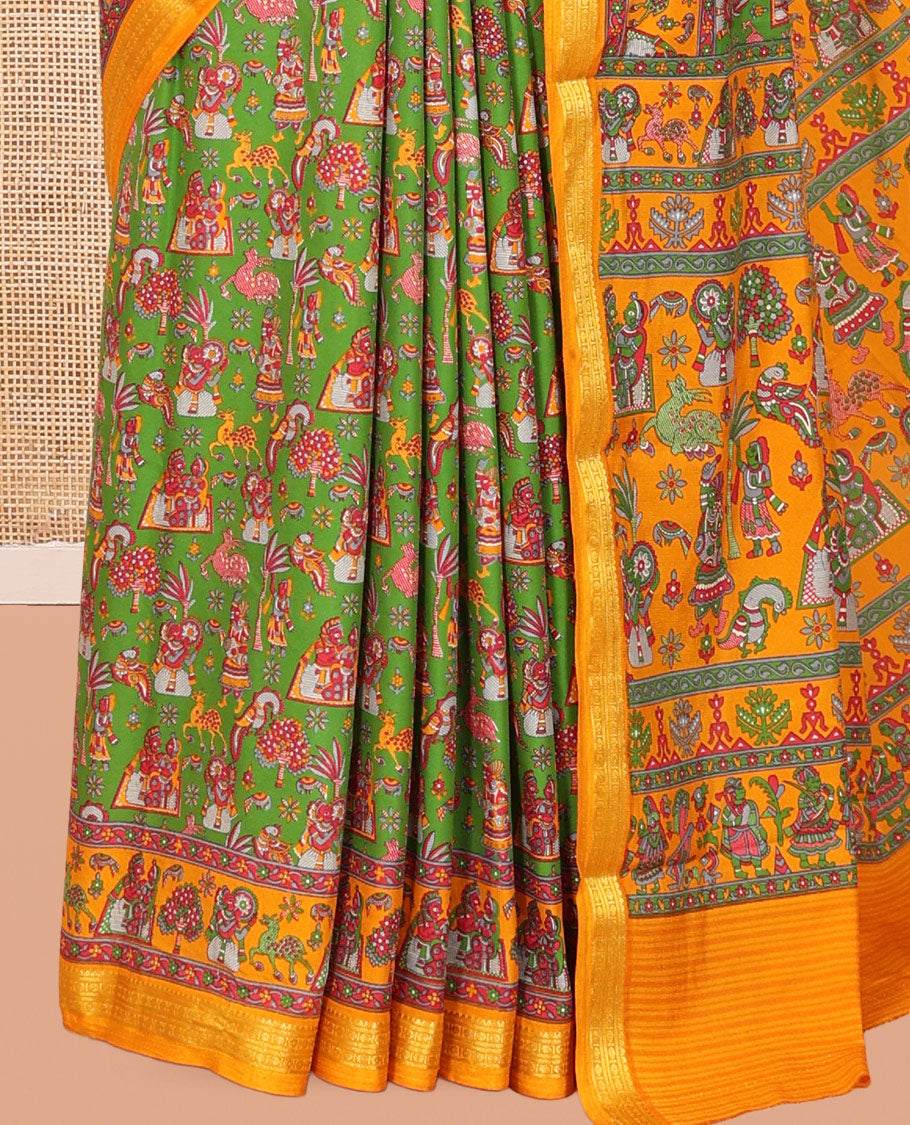 Green Printed Silk Saree, Adorned with a Village-Themed Print, a Contrast Traditional Zari Border, Striped Pallu, and a Contrast Blouse