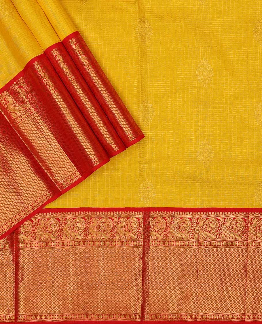 Yellow pure silk half-saree, zari design skirt, contrast korvai border of mayil, rudraksham, and mayil kann designs, and zari bordered blouse, and contrast jaal dhavani