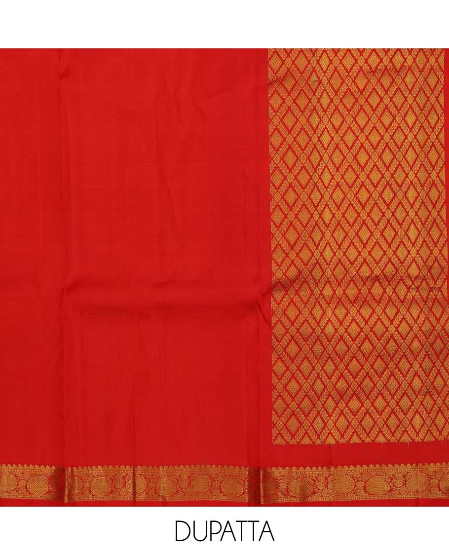 Yellow pure silk half-saree, zari design skirt, contrast korvai border of mayil, rudraksham, and mayil kann designs, and zari bordered blouse, and contrast jaal dhavani