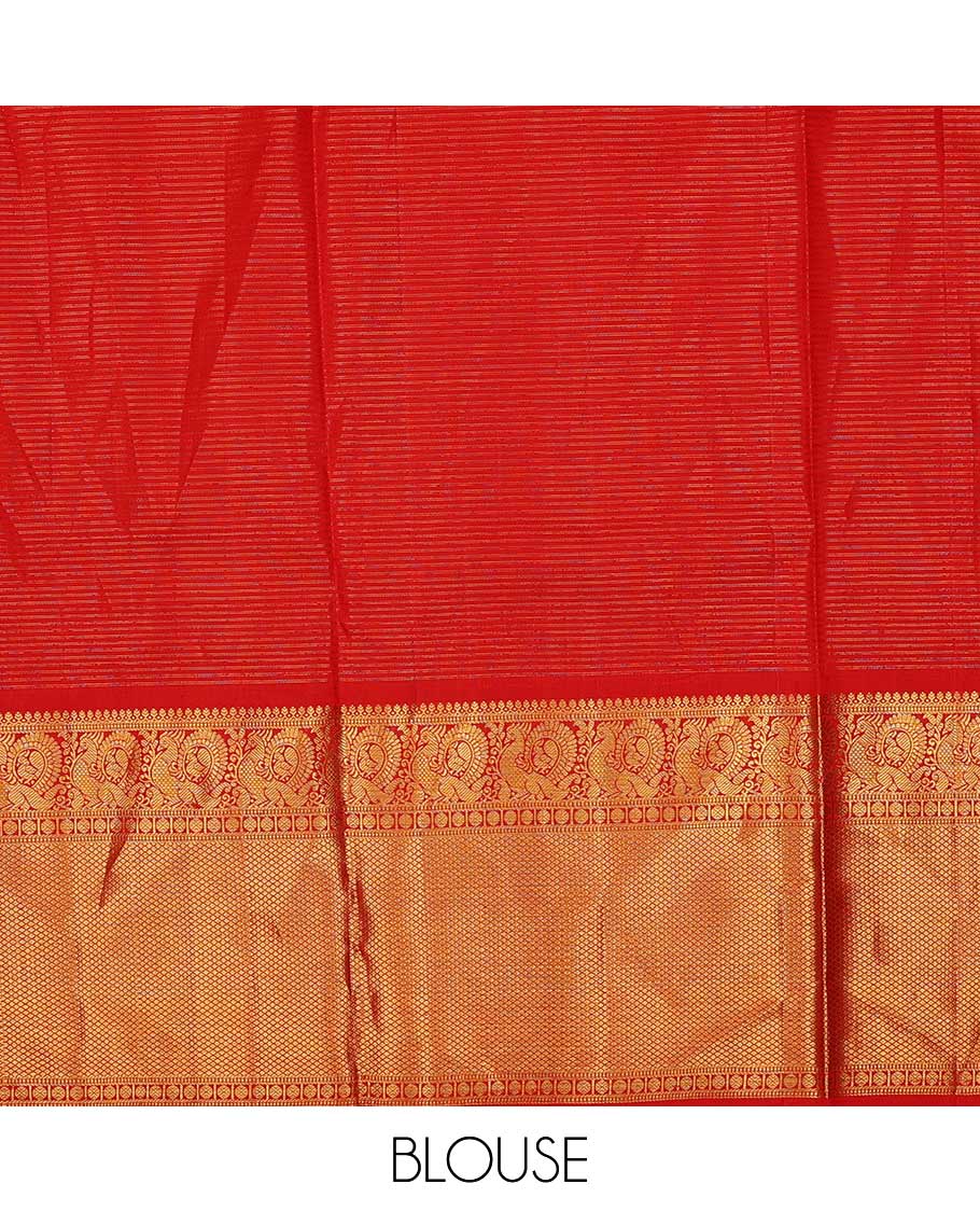 Yellow pure silk half-saree, zari design skirt, contrast korvai border of mayil, rudraksham, and mayil kann designs, and zari bordered blouse, and contrast jaal dhavani