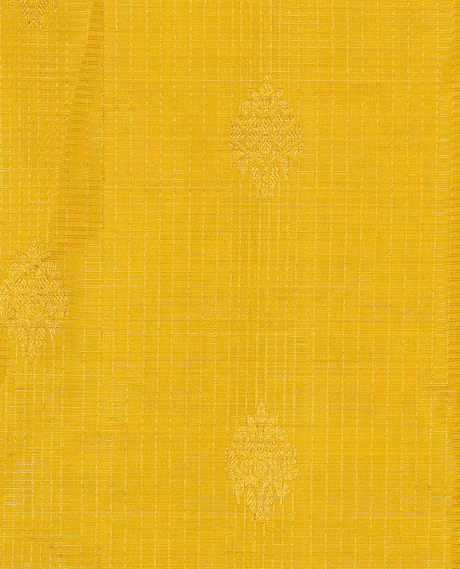 Yellow pure silk half-saree, zari design skirt, contrast korvai border of mayil, rudraksham, and mayil kann designs, and zari bordered blouse, and contrast jaal dhavani