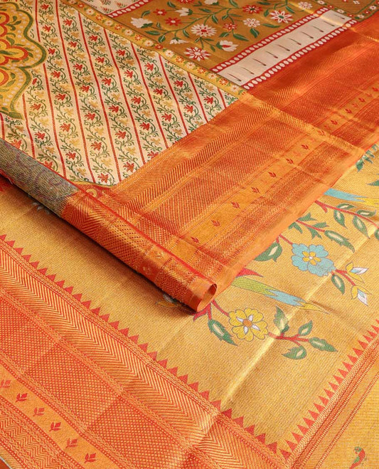 Gold Mughal style meenakari jacquard silk saree, contrast border of rekku,kathir,neli,muthu, and mayil kann, and paithani pallu of muniya, floral, and bird designs