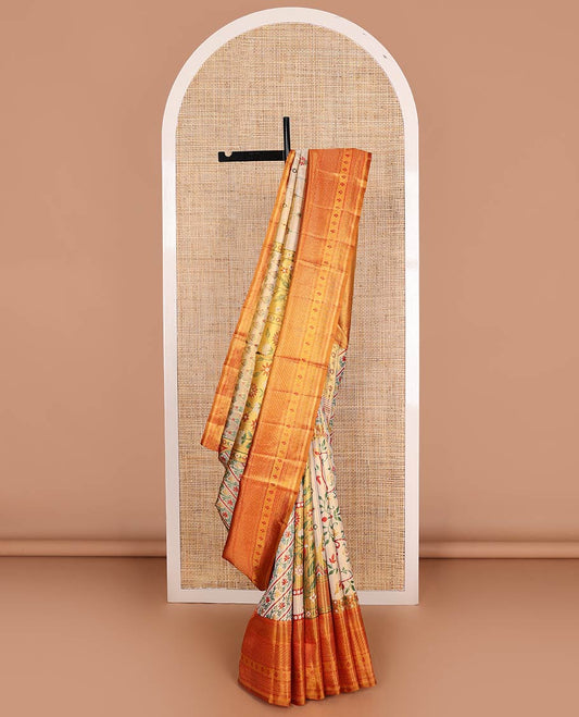 Gold Mughal style meenakari jacquard silk saree, contrast border of rekku,kathir,neli,muthu, and mayil kann, and paithani pallu of muniya, floral, and bird designs
