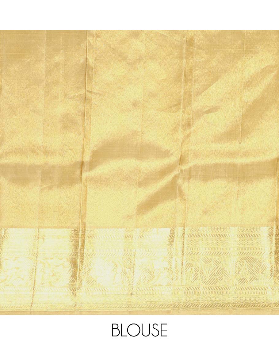 Gold jacquard Kanchipuram tissue silk saree, zari border of thilakam mokku, banaras, muthu, diamond, and kodi visiry designs, and jaal pallu