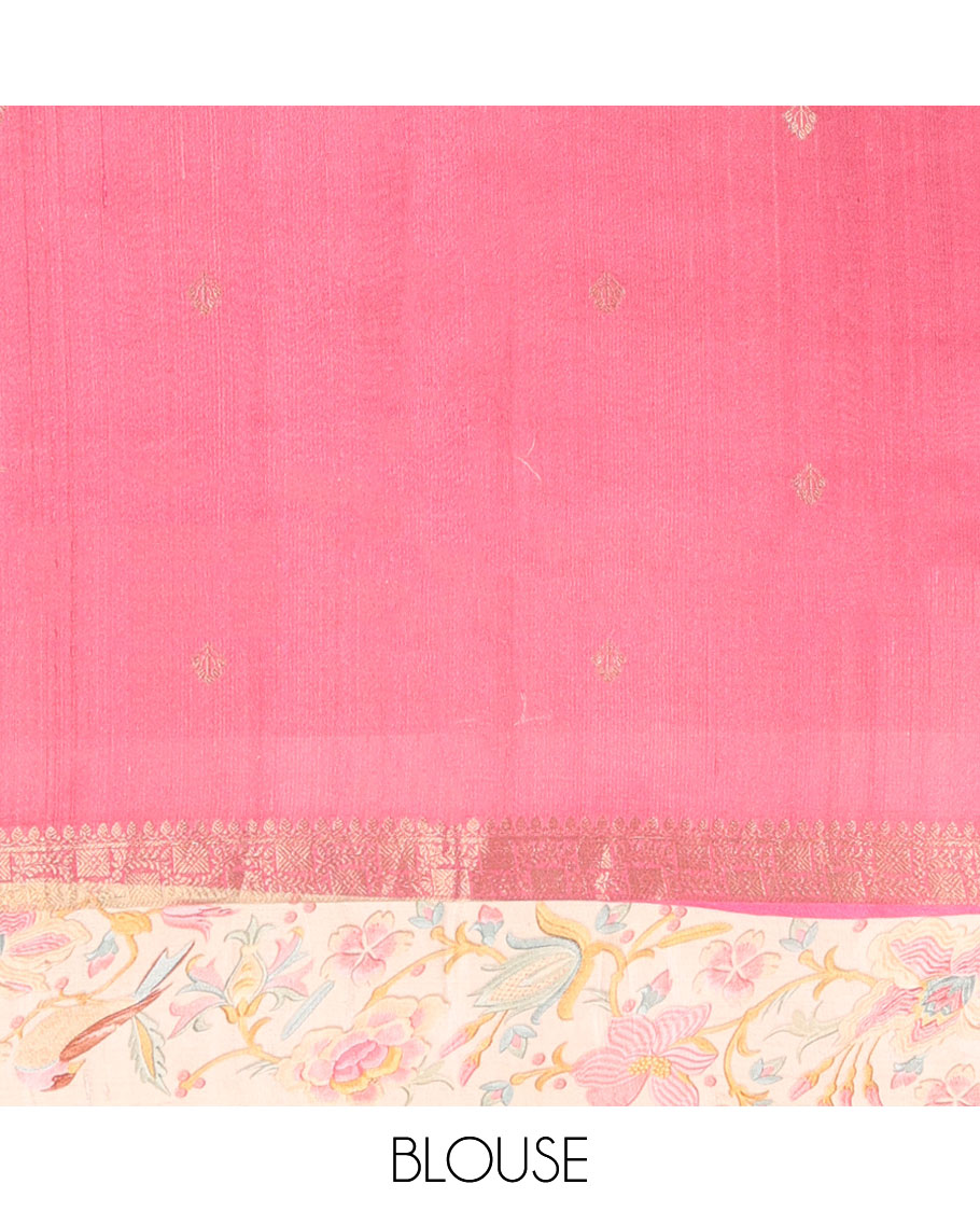 Pink abstract-style zig-zag stripes printed tussar saree with buttas, contrast border of traditional zari designs, & colorful floral print & intricate pallu