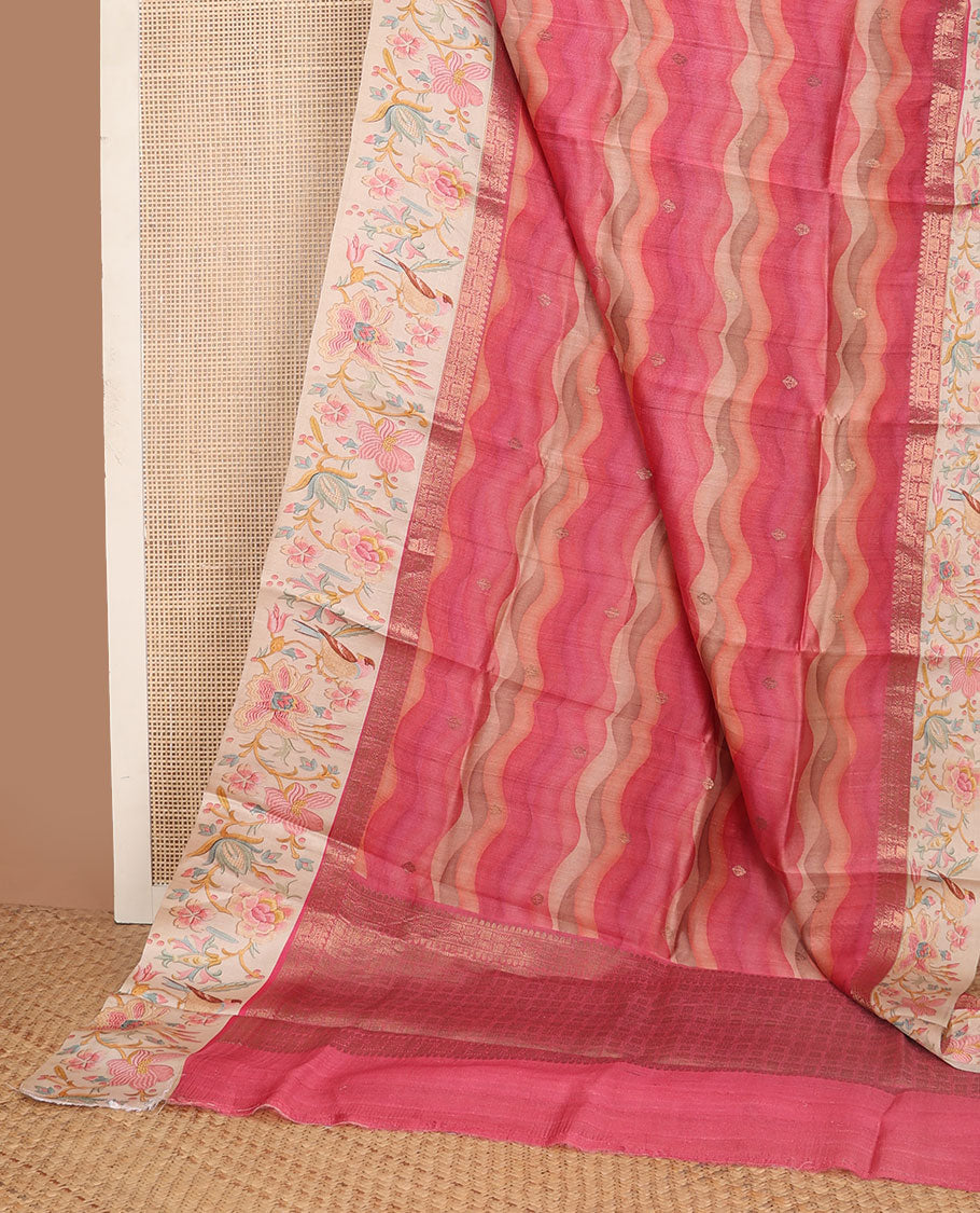 Pink abstract-style zig-zag stripes printed tussar saree with buttas, contrast border of traditional zari designs, & colorful floral print & intricate pallu
