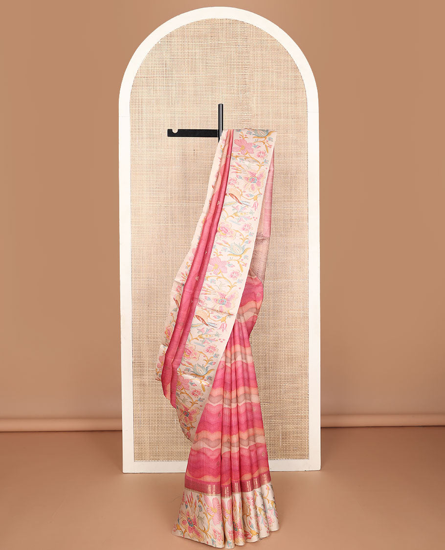 Pink abstract-style zig-zag stripes printed tussar saree with buttas, contrast border of traditional zari designs, & colorful floral print & intricate pallu