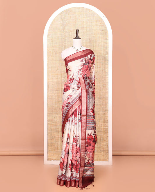 Sandal Tussar Saree with Floral Print, Decked with Contrast Plain Border, Floral Printed Pallu, and a Contrast Plain Blouse