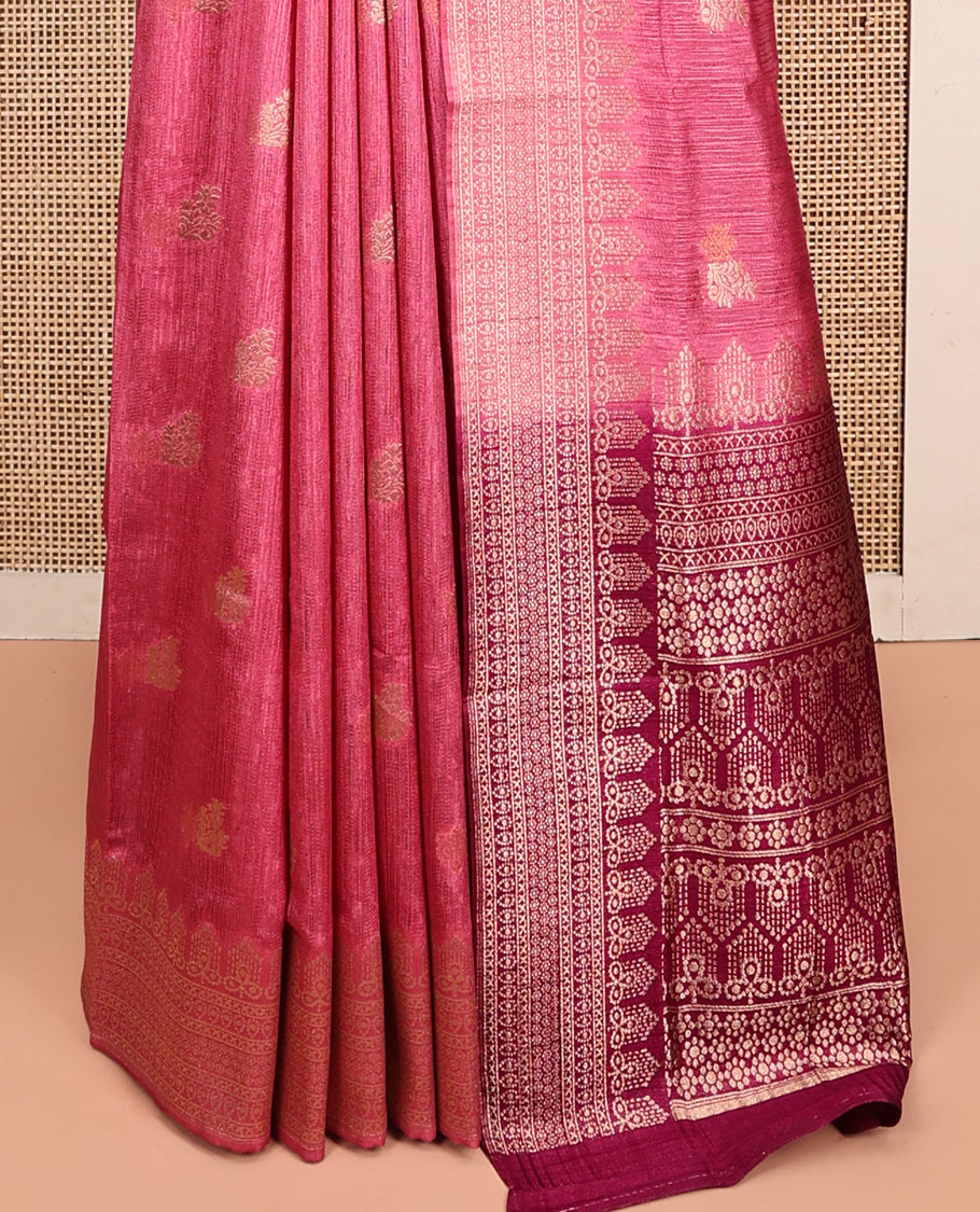 Pink Matka Silk Saree, Adorned with Buttas All Over Its Body, Highlighted by a Self-Border of Traditional Designs, Intricately Designed Pallu, and Paired with Contrast Blouse