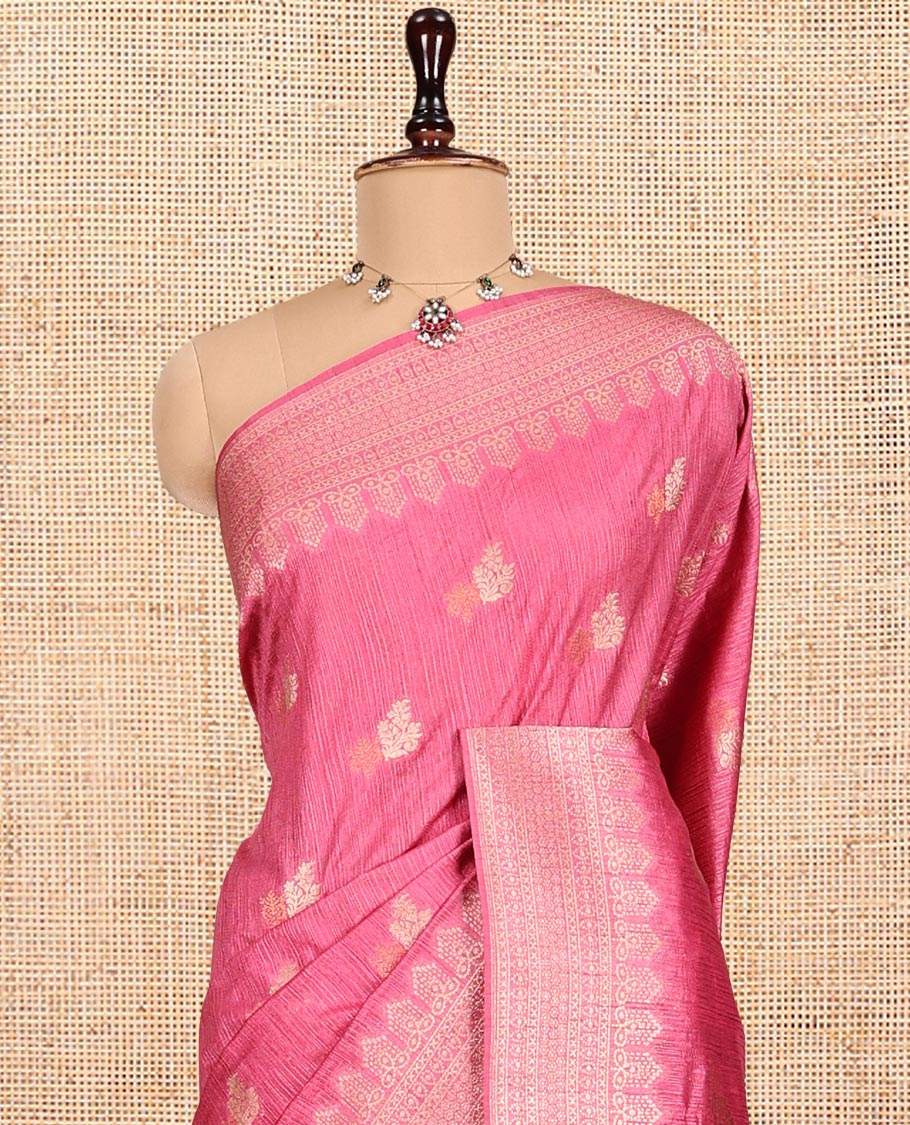 Pink Matka Silk Saree, Adorned with Buttas All Over Its Body, Highlighted by a Self-Border of Traditional Designs, Intricately Designed Pallu, and Paired with Contrast Blouse