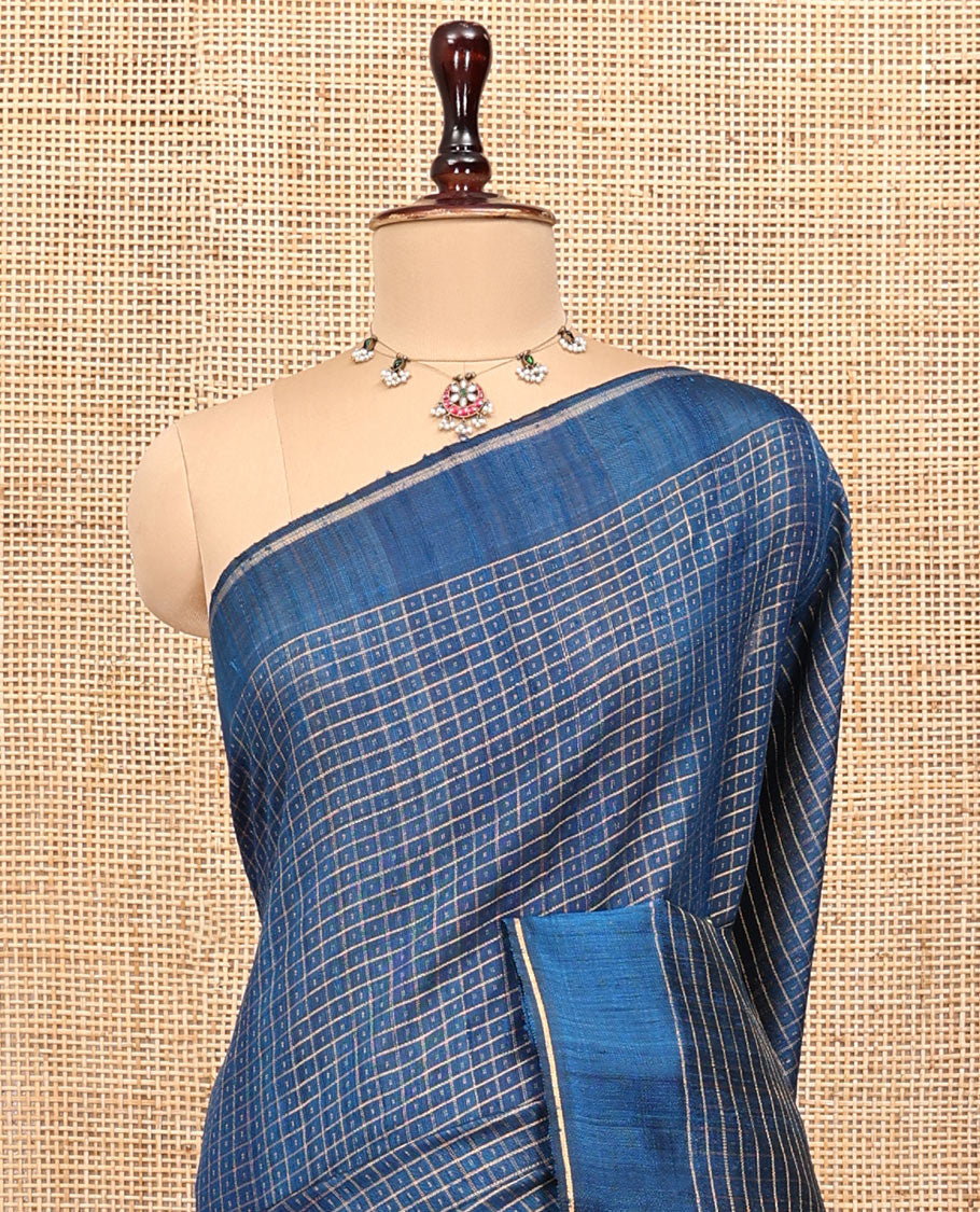 Blue Tussar Silk Saree, Adorned with Butta Enclosed Checks, a Subtle Border, a Self-Pallu, and a Matching Blouse