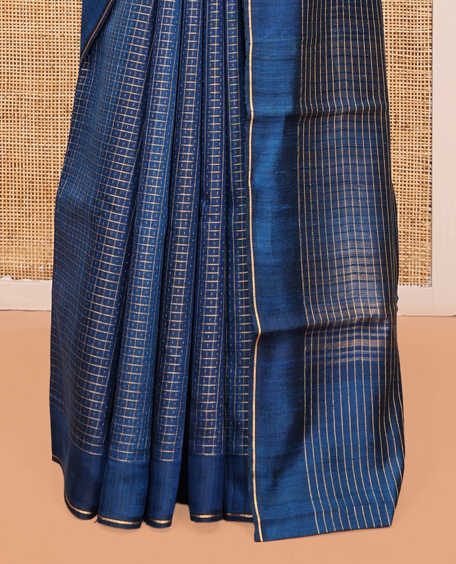 Blue Tussar Silk Saree, Adorned with Butta Enclosed Checks, a Subtle Border, a Self-Pallu, and a Matching Blouse