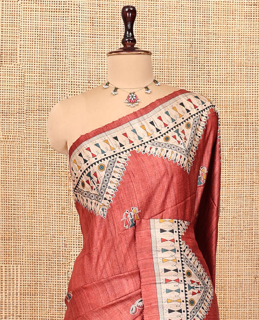 Rust Tussar Silk Saree, Adorned with Warli Motifs, Contrast Warli Printed Pallu, Warli Pallu, and Matching Blouse
