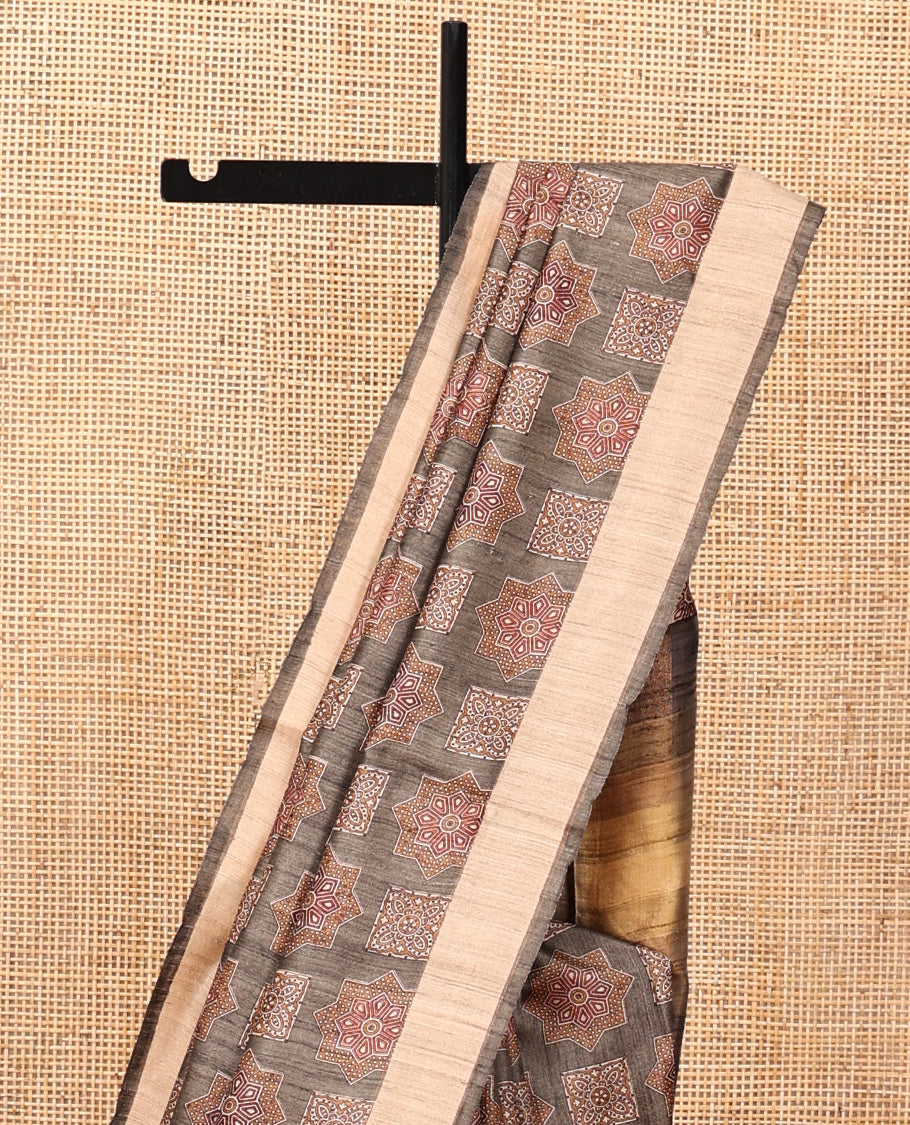 Brown Tussar Silk Saree, Artfully Detailed with Ajrakh-Style Motifs Block Print, a Subtle Border, a Heathered Pallu, and a Matching Blouse