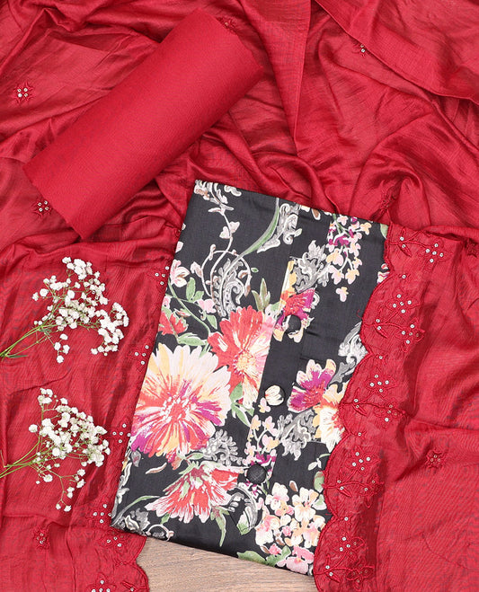 Black chudidhar material set, colorful floral print top, contrast plain bottom & sequins embroidered scallop dupatta