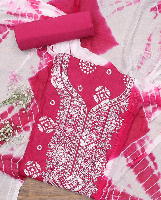 Pink material churidar set, batik printed with neck embroidered cotton top, plain cotton bottom, and shibori printed chiffon dupatta