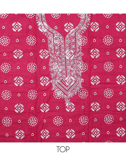 Pink material churidar set, batik printed with neck embroidered cotton top, plain cotton bottom, and shibori printed chiffon dupatta