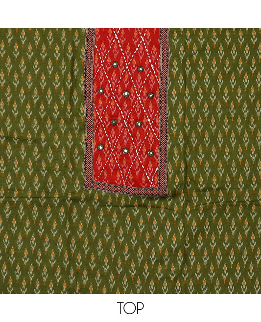 Green material chudidar set, ikkat buttas with neck patch embroidered top, contrast plain bottom, and block printed dupatta