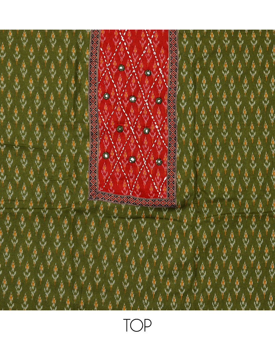 Green material chudidar set, ikkat buttas with neck patch embroidered top, contrast plain bottom, and block printed dupatta